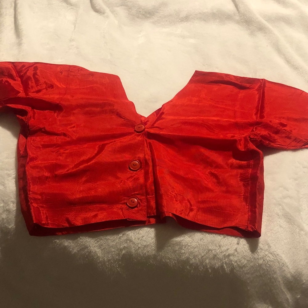 Red Satin Crop Button-Up Top